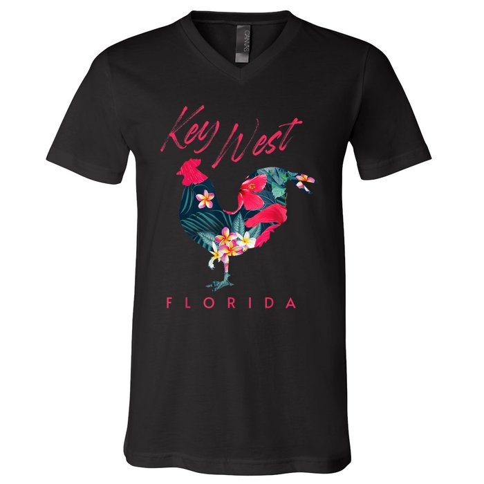 Key West Florida Chicken Lover Flower Hibiscus Souvenir V-Neck T-Shirt