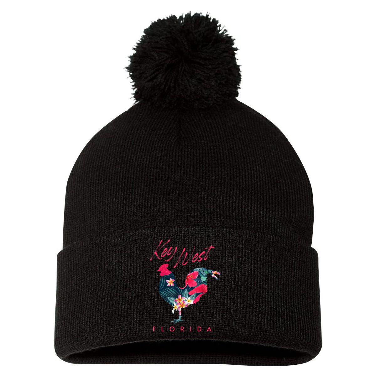 Key West Florida Chicken Lover Flower Hibiscus Souvenir Pom Pom 12in Knit Beanie
