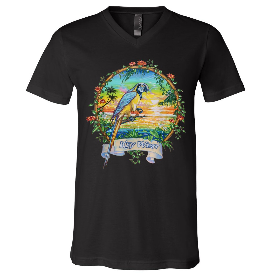 Key West, Florida Vintage Tropical Sunset Beach Parrot V-Neck T-Shirt