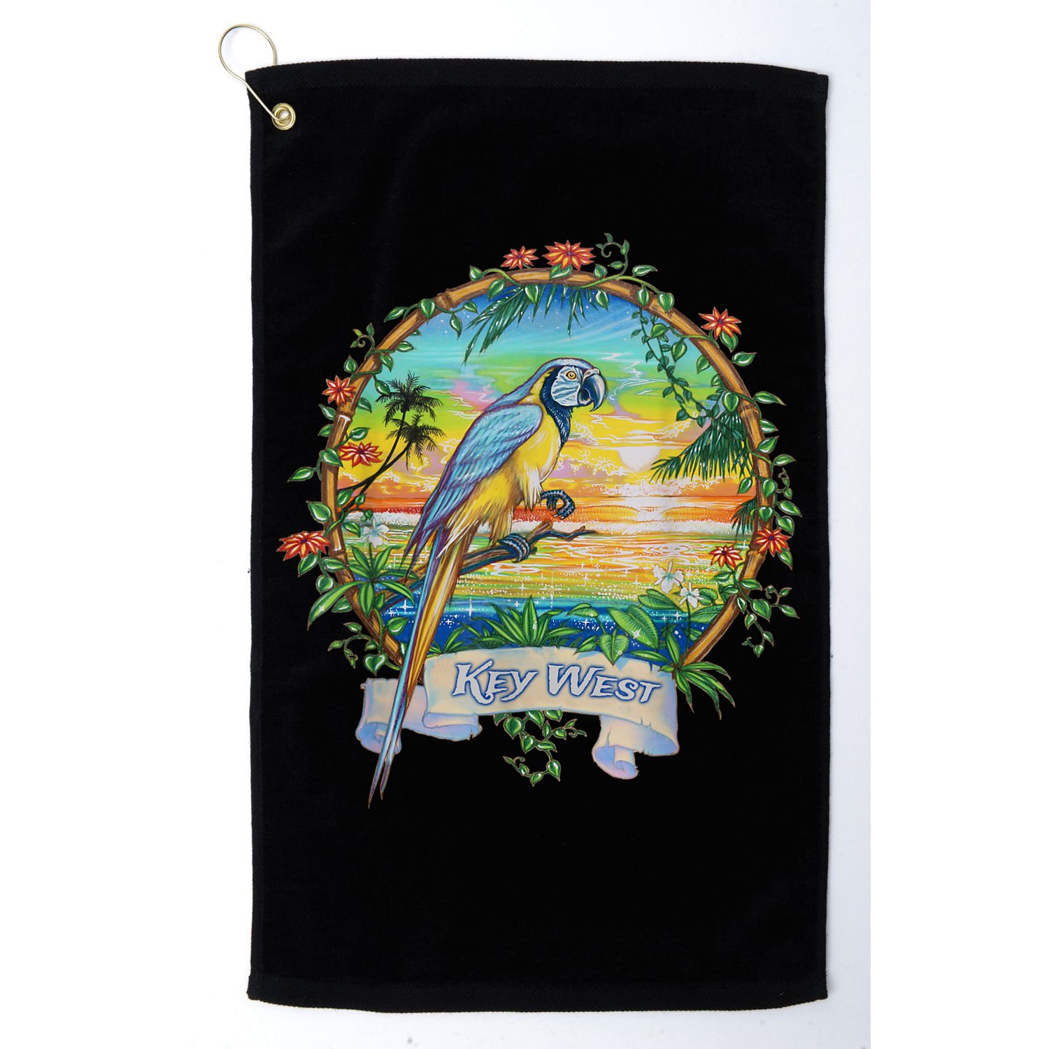 Key West, Florida Vintage Tropical Sunset Beach Parrot Golf Towel