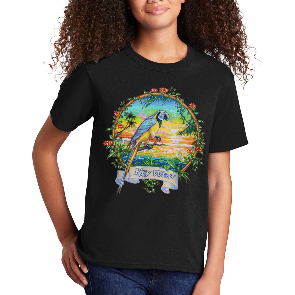 Key West, Florida Vintage Tropical Sunset Beach Parrot Kids T-Shirt