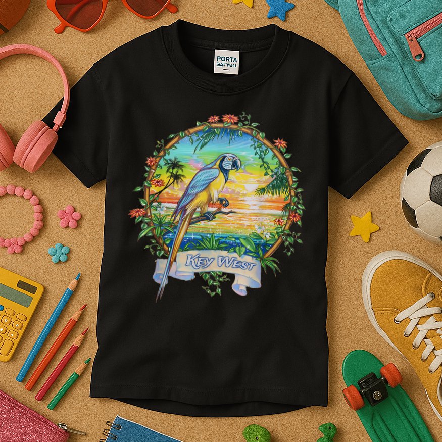 Key West, Florida Vintage Tropical Sunset Beach Parrot Kids T-Shirt