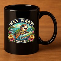 Key West Florida Cute Sea Turtle Surfing 11oz C Handle Ceramic Mug