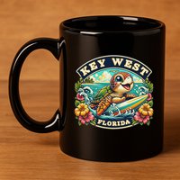 Key West Florida Cute Sea Turtle Surfing 11oz C Handle Ceramic Mug