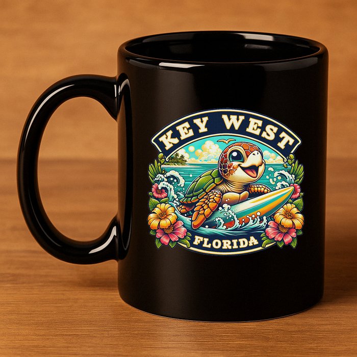 Key West Florida Cute Sea Turtle Surfing 11oz C Handle Ceramic Mug
