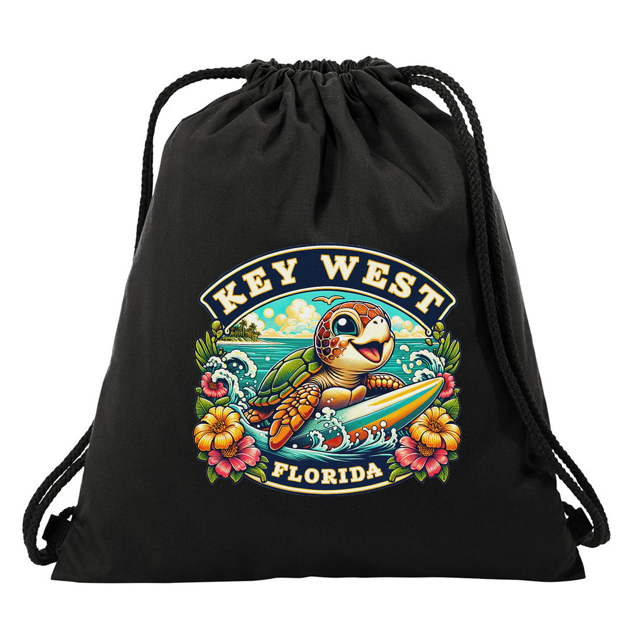 Key West Florida Cute Sea Turtle Surfing Drawstring Bag