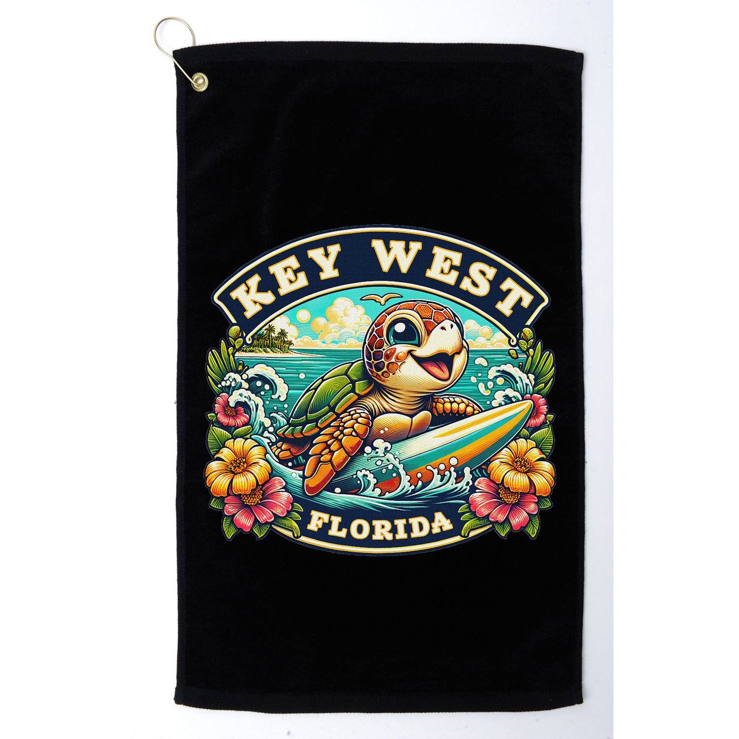 Key West Florida Cute Sea Turtle Surfing Golf Towel