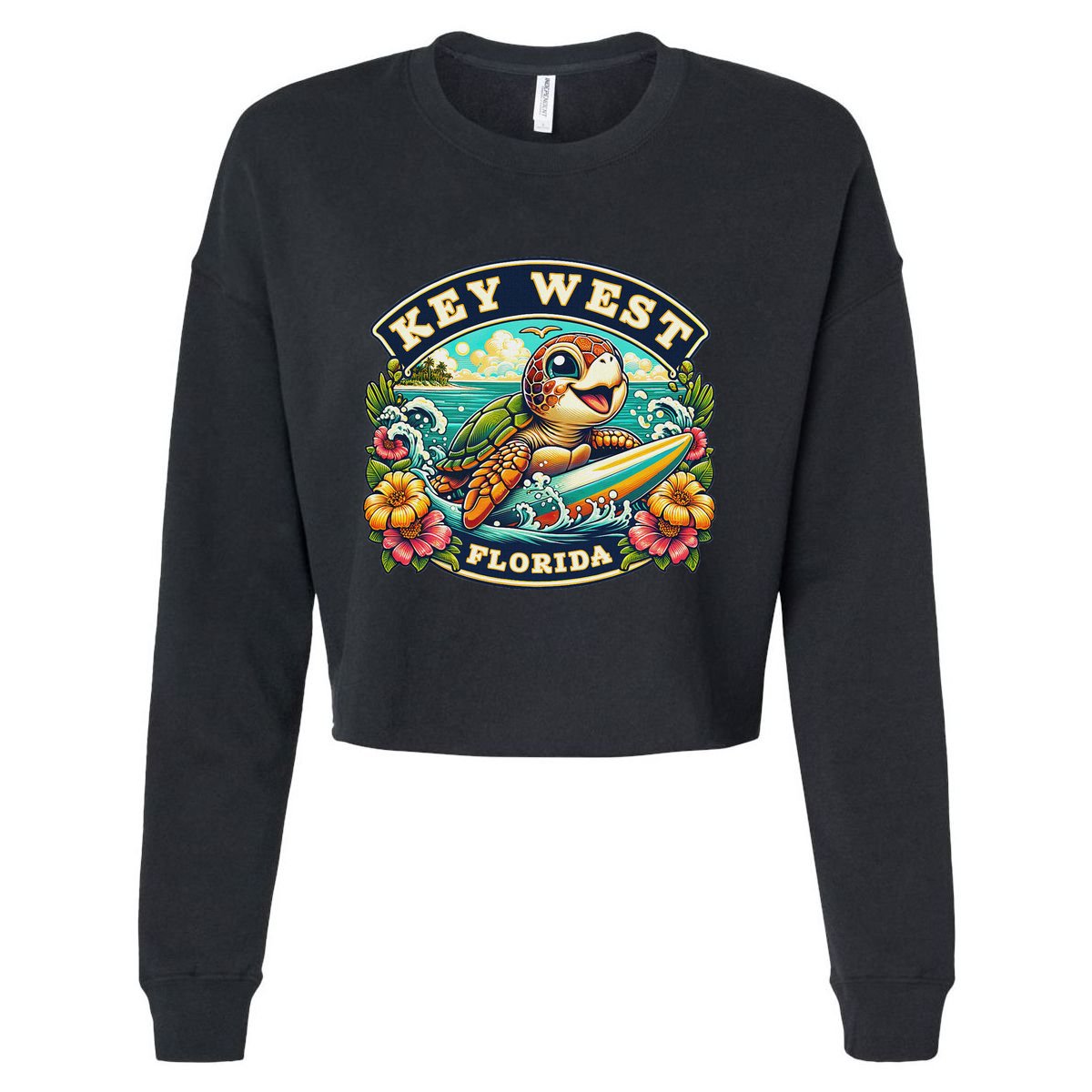 Key West Florida Cute Sea Turtle Surfing Cropped Pullover Crew