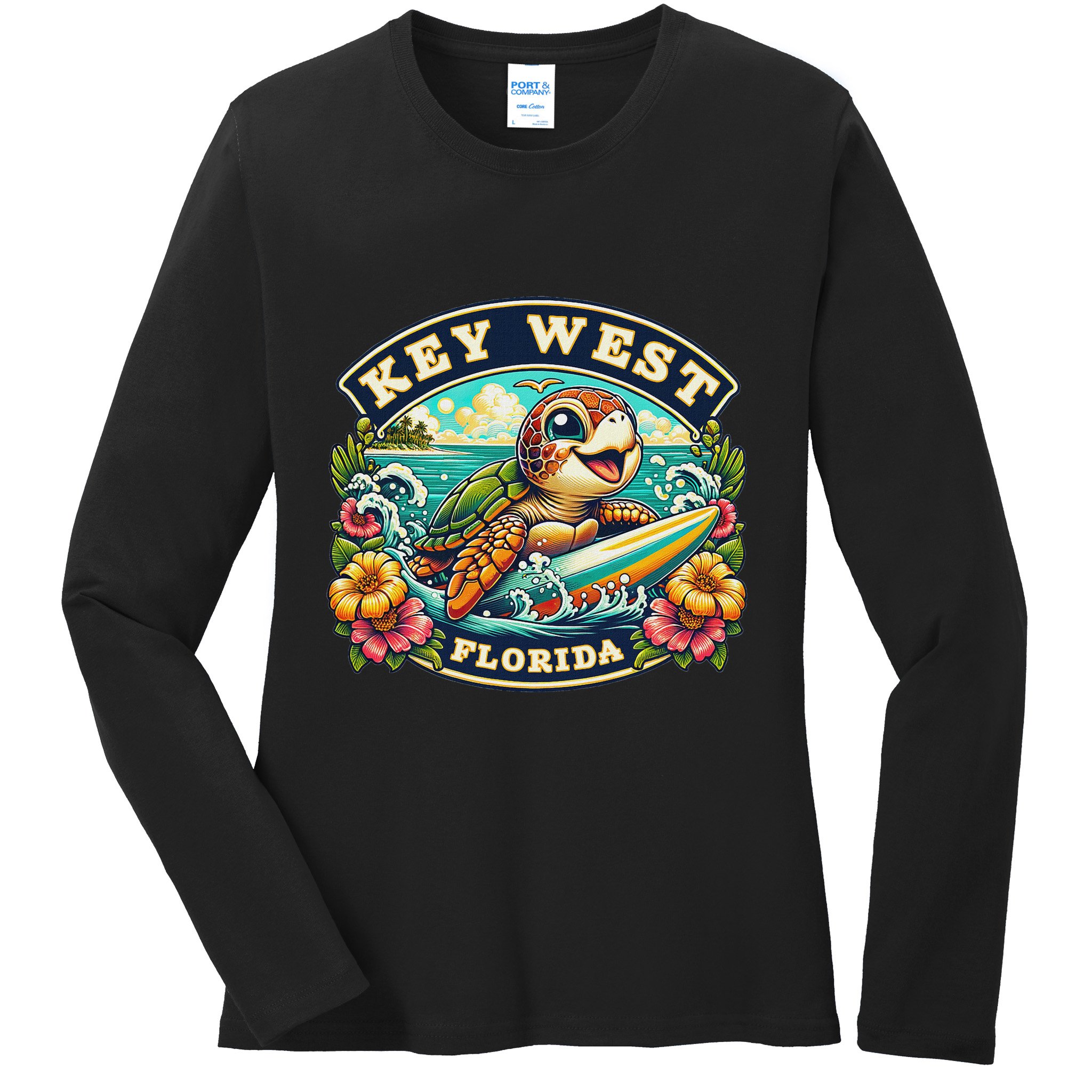 Key West Florida Cute Sea Turtle Surfing Ladies Long Sleeve Shirt