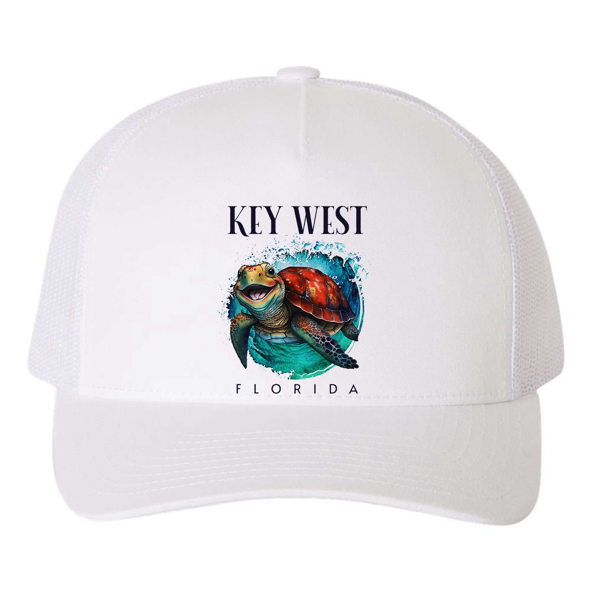 Key West Florida Watercolor Happy Sea Turtle Yupoong Adult 5-Panel Trucker Hat