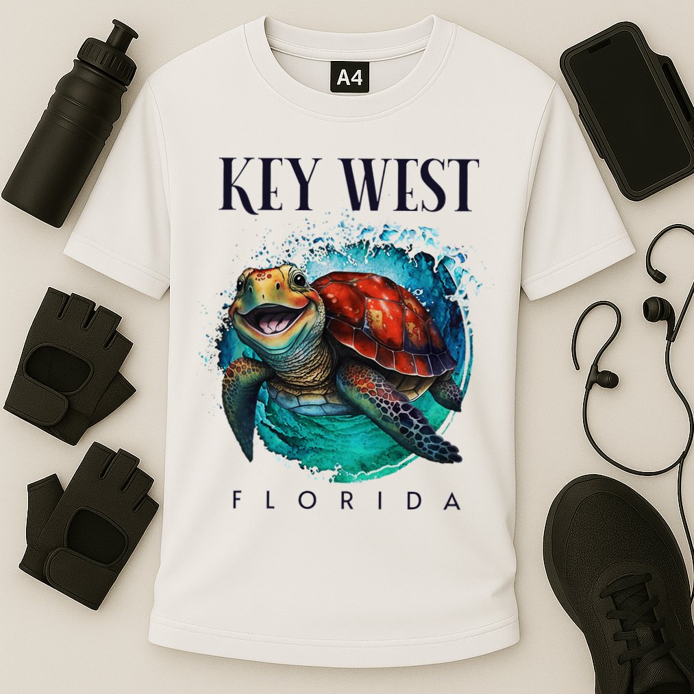Key West Florida Watercolor Happy Sea Turtle Cooling Performance Crew T-Shirt