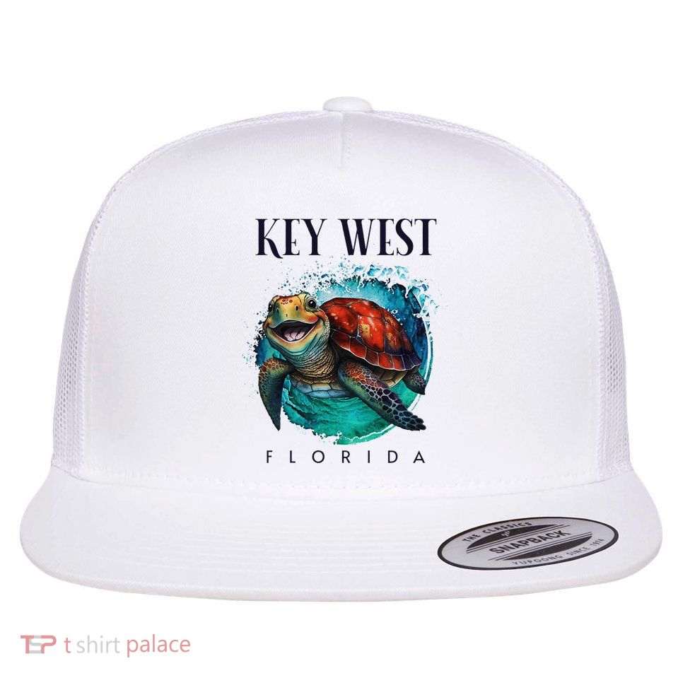 Key West Florida Watercolor Happy Sea Turtle Flatbill Hat