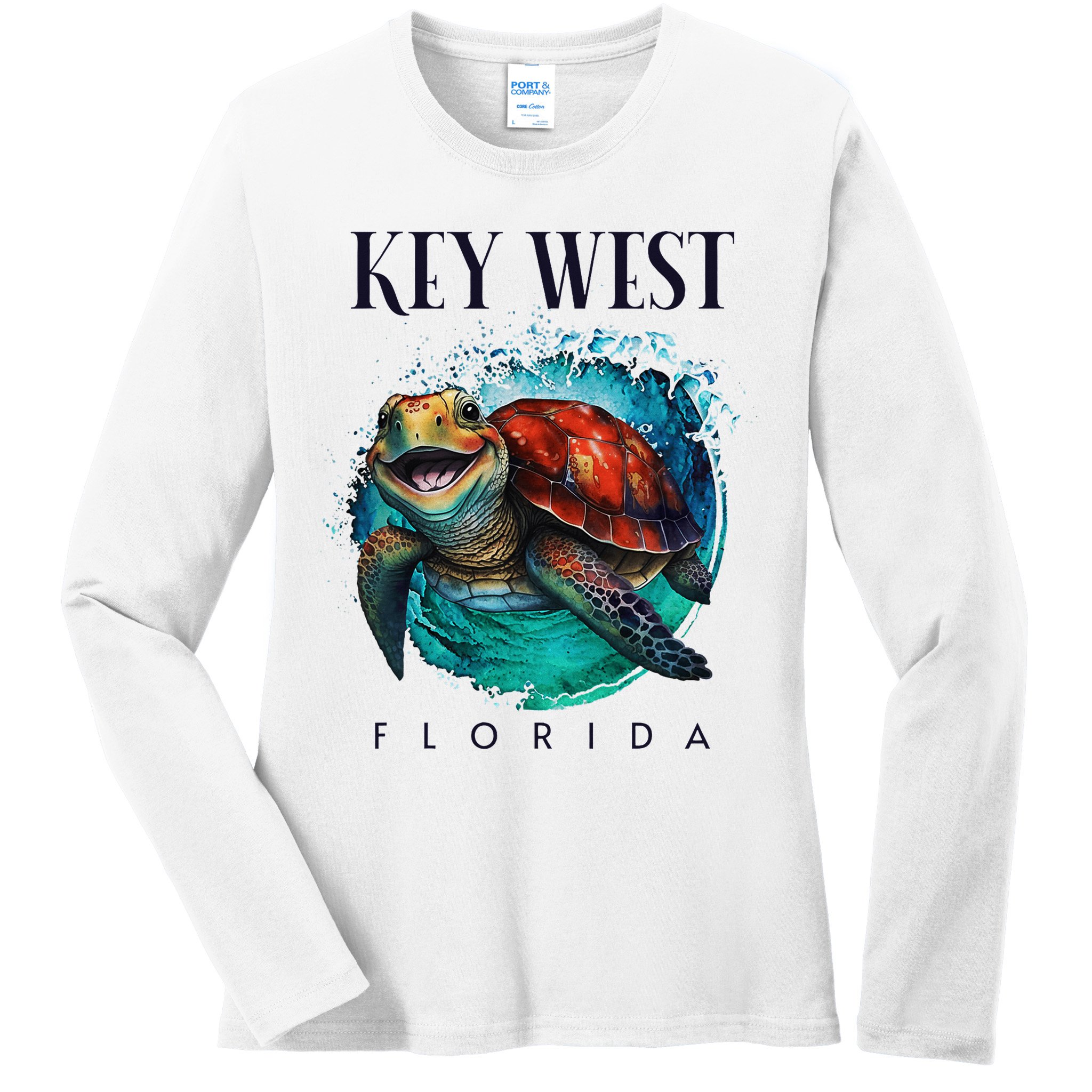 Key West Florida Watercolor Happy Sea Turtle Ladies Long Sleeve Shirt