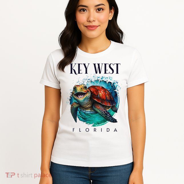 Key West Florida Watercolor Happy Sea Turtle Womens T-Shirt