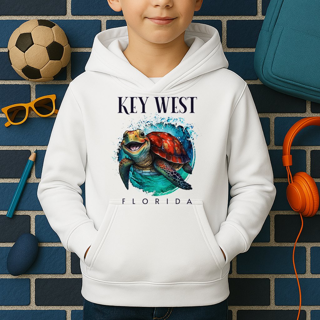 Key West Florida Watercolor Happy Sea Turtle Kids Hoodie