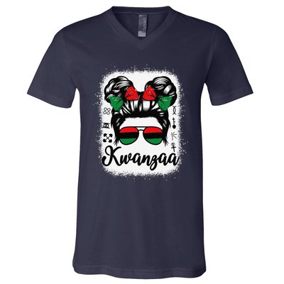 Kwanzaa Women Messy Bun Kwanzaa Seven Principles V-Neck T-Shirt