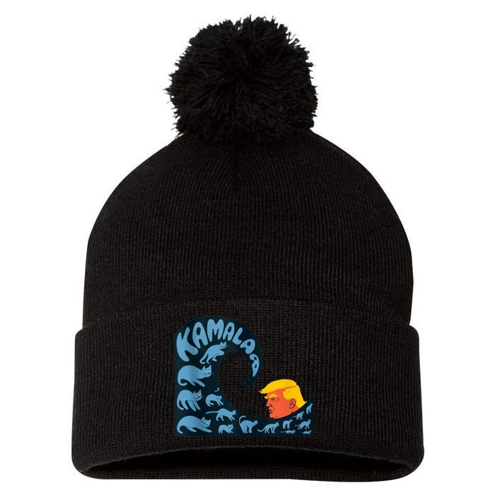 Gary Taxali Kamala Wave Blue Cats Pom Pom 12in Knit Beanie