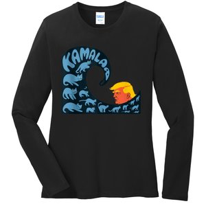 Gary Taxali Kamala Wave Blue Cats Ladies Long Sleeve Shirt