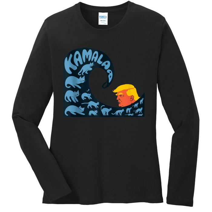 Gary Taxali Kamala Wave Blue Cats Ladies Long Sleeve Shirt