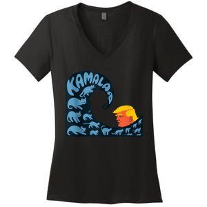 Gary Taxali Kamala Wave Blue Cats Women's V-Neck T-Shirt