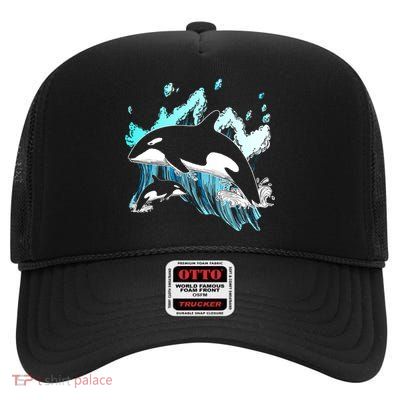 Killer Whale Ocean Lover Gift Idea Men Boys Kids Orca Great Gift High Crown Mesh Back Trucker Hat