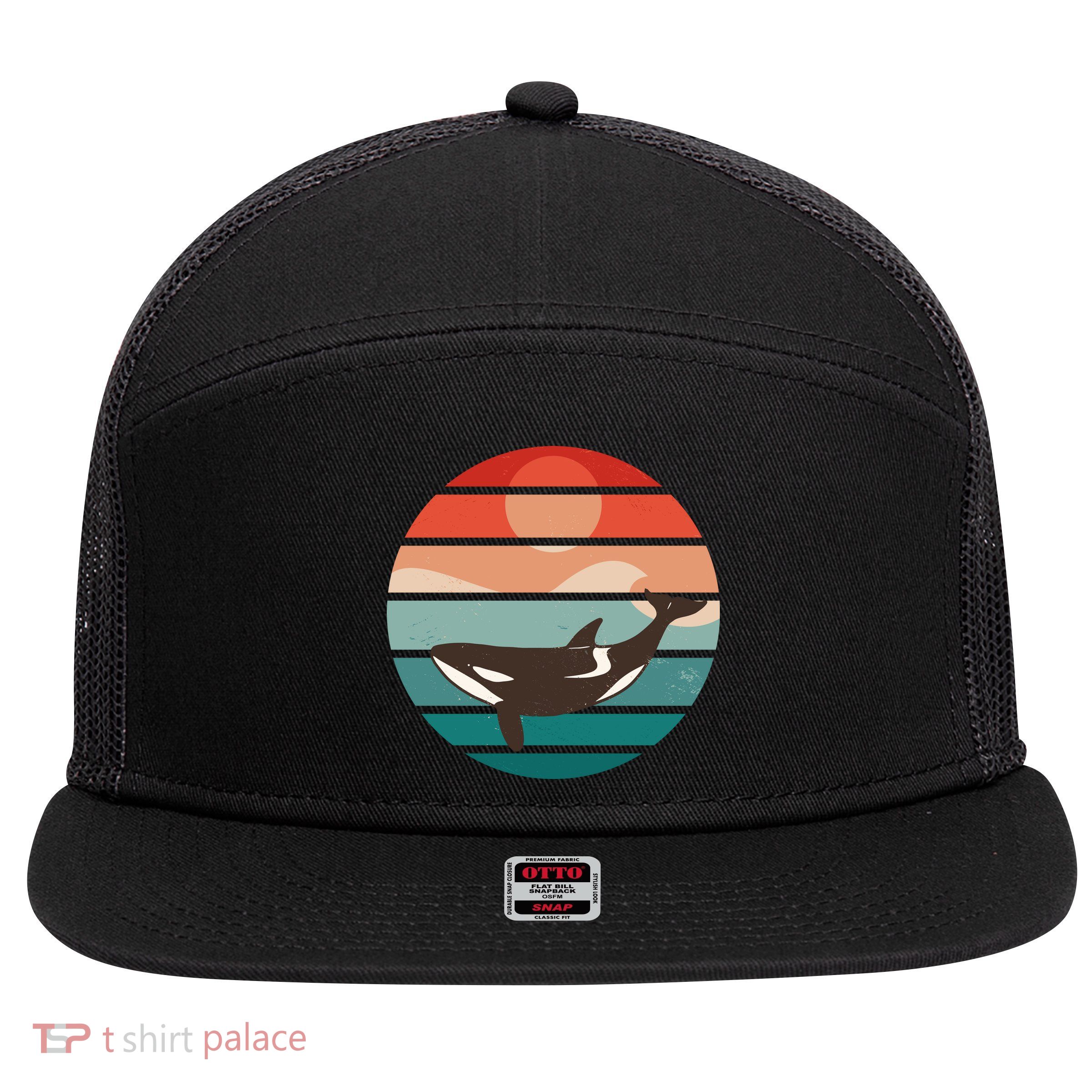 Killer Whale Retro Sunset 7 Panel Mesh Trucker Snapback Hat