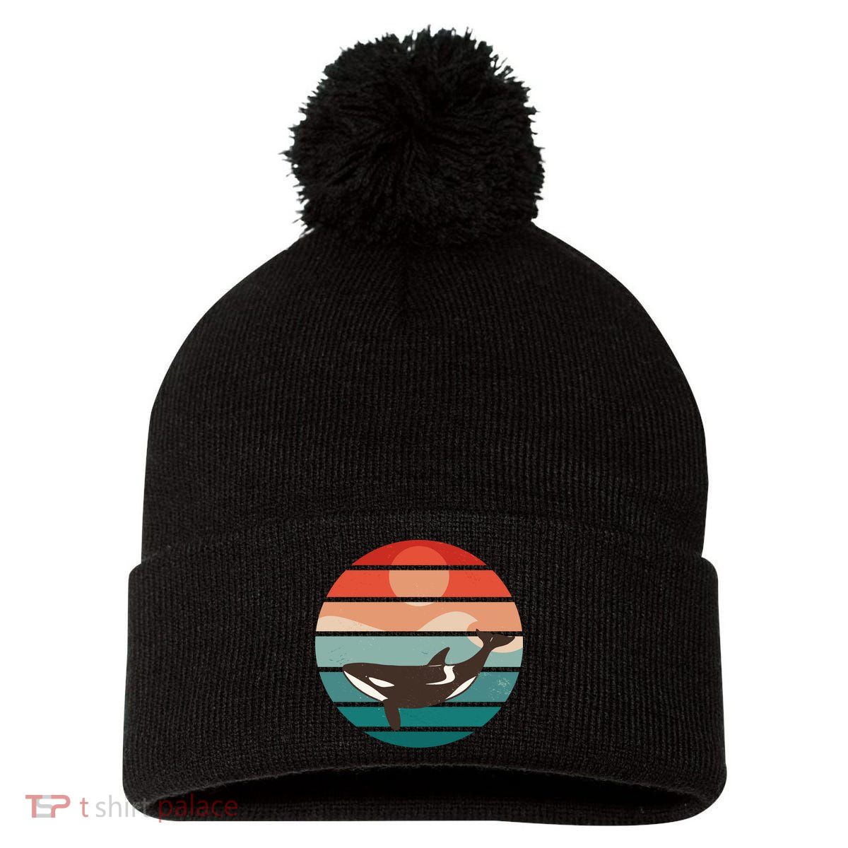 Killer Whale Retro Sunset Pom Pom 12in Knit Beanie