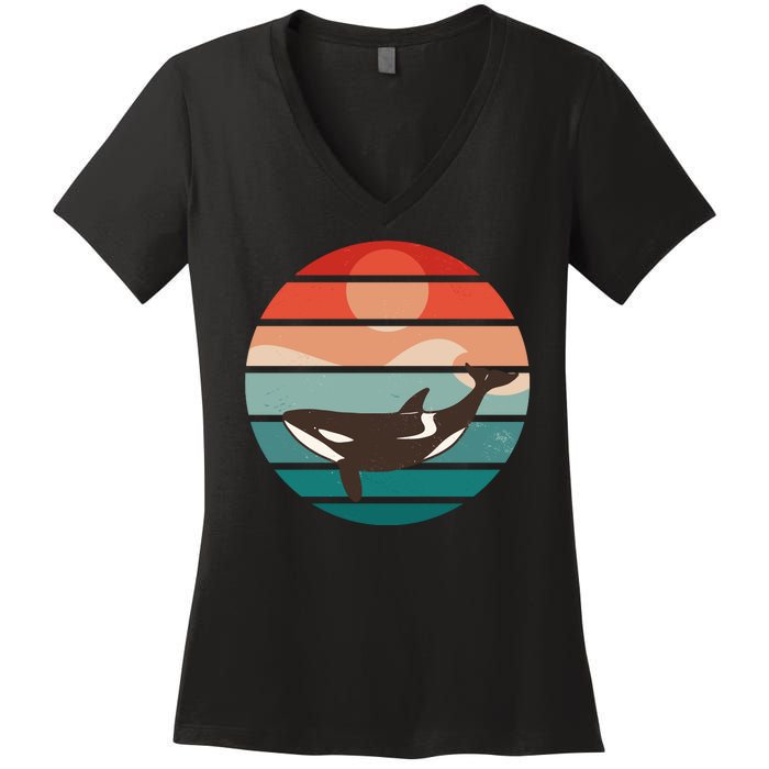 Killer Whale Retro Sunset Women's V-Neck T-Shirt