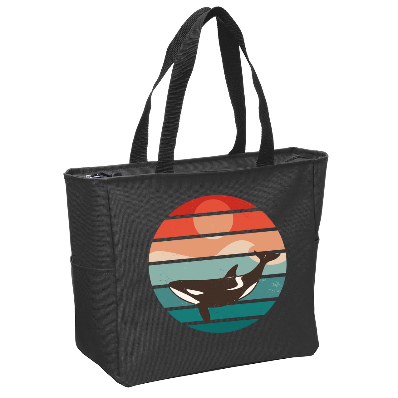 Killer Whale Retro Sunset Zip Tote Bag