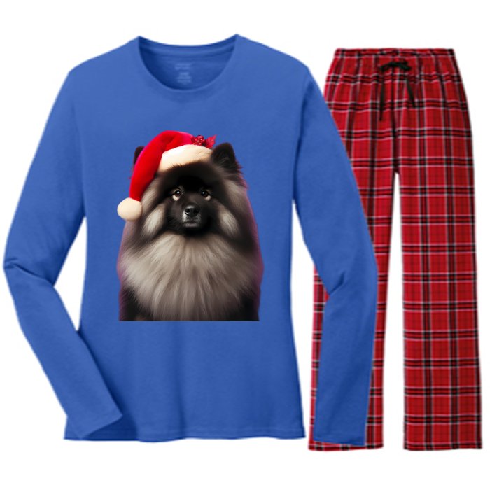 Keeshond With Santa Hat Christmas Dog Owner Lover Xmas Mom Gift Women's Long Sleeve Flannel Pajama Set 