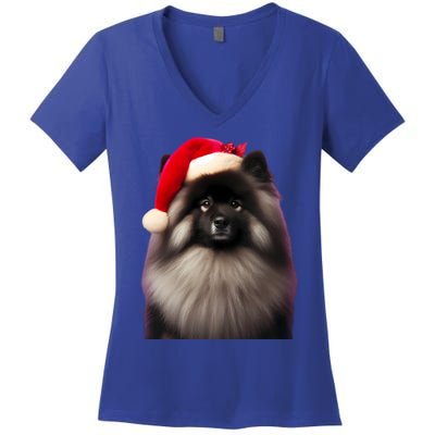 Keeshond With Santa Hat Christmas Dog Owner Lover Xmas Mom Gift Women's V-Neck T-Shirt