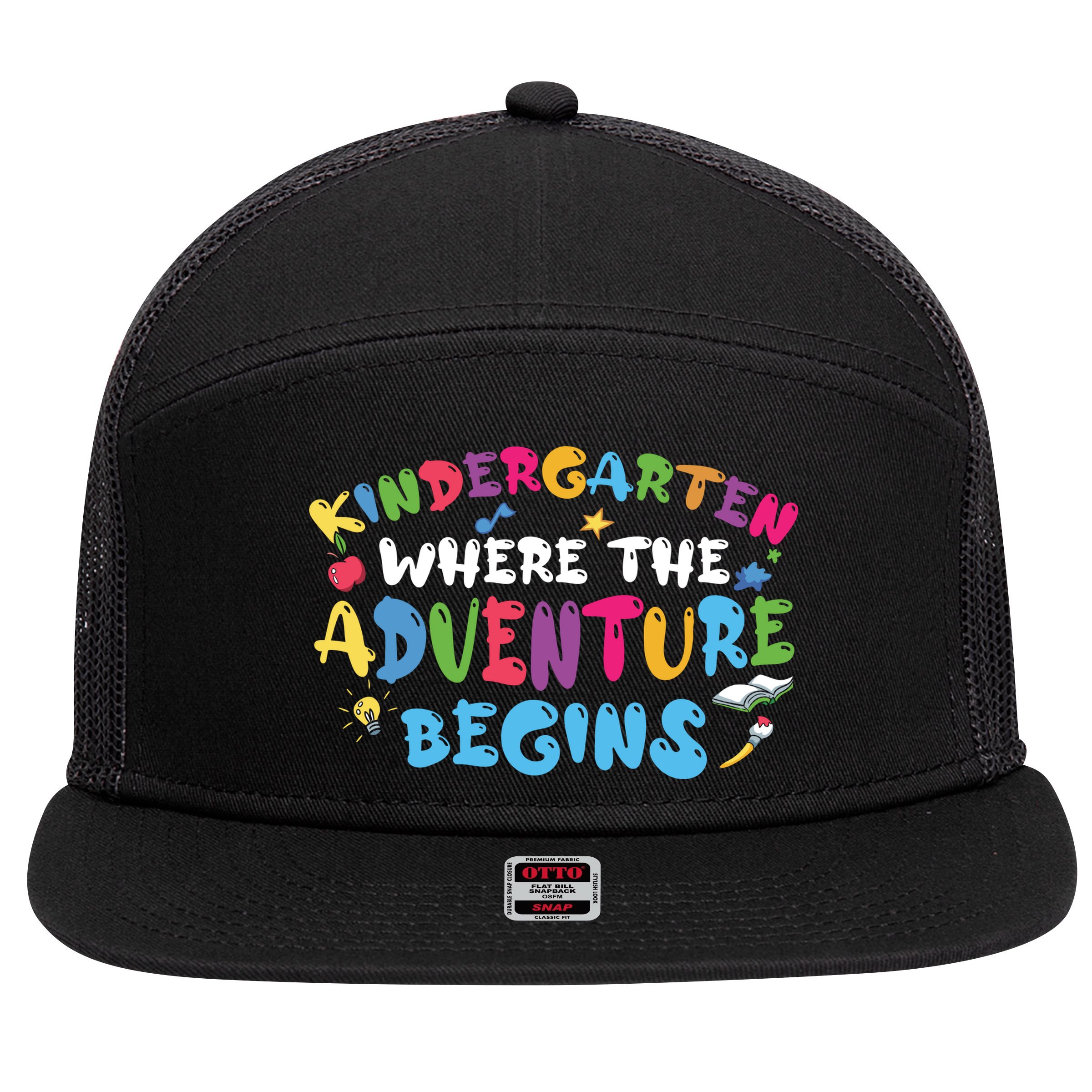 Kindergarten Where The Adventure Begins Back To School First Day Of School 7 Panel Mesh Trucker Snapback Hat