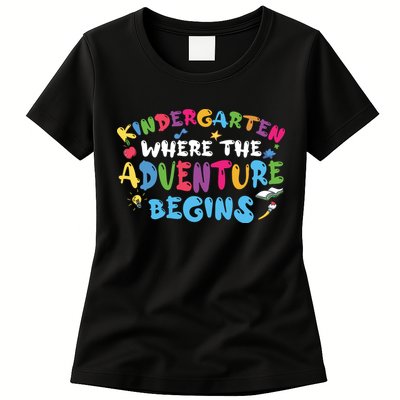 Kindergarten Where The Adventure Begins Back To School First Day Of School Womens T-Shirt