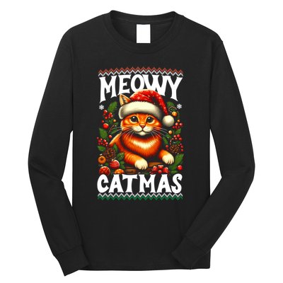 Kitten Xmas Ugly Meowy Catmas Cat Santa Christmas Long Sleeve Shirt