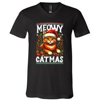 Kitten Xmas Ugly Meowy Catmas Cat Santa Christmas V-Neck T-Shirt