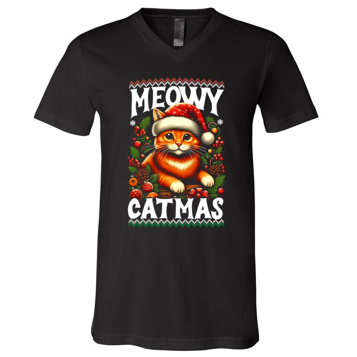 Kitten Xmas Ugly Meowy Catmas Cat Santa Christmas V-Neck T-Shirt