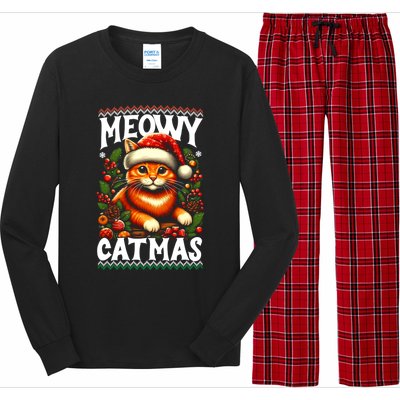 Kitten Xmas Ugly Meowy Catmas Cat Santa Christmas Long Sleeve Pajama Set