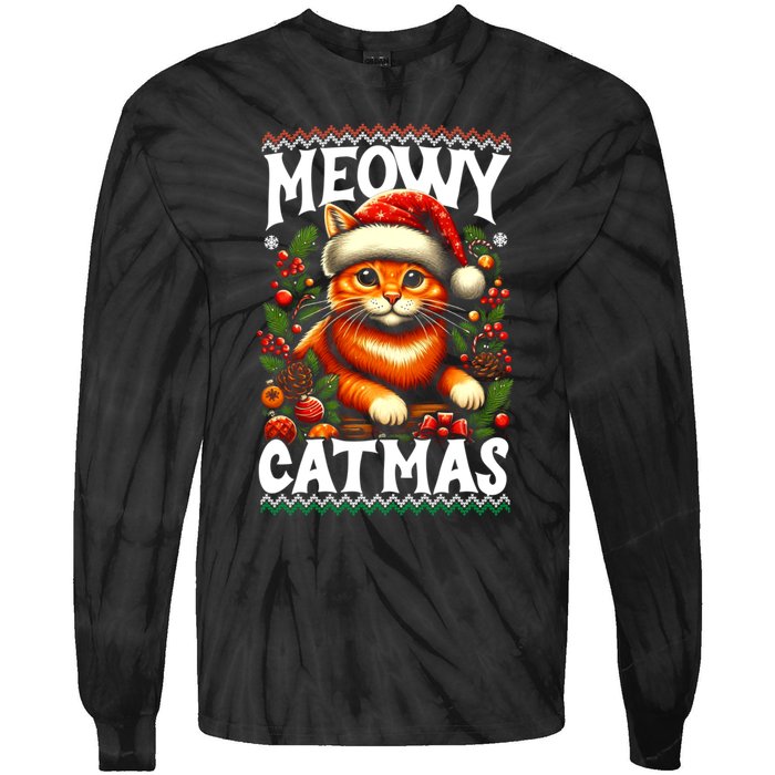 Kitten Xmas Ugly Meowy Catmas Cat Santa Christmas Tie-Dye Long Sleeve Shirt