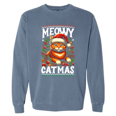 Kitten Xmas Ugly Meowy Catmas Cat Santa Christmas Garment-Dyed Sweatshirt