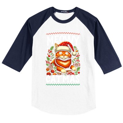 Kitten Xmas Ugly Meowy Catmas Cat Santa Christmas Baseball Sleeve Shirt