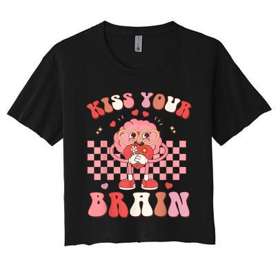 Kiss Your Brain Retro Valentines Day Valentine Teacher Squad Women's Crop Top Tee