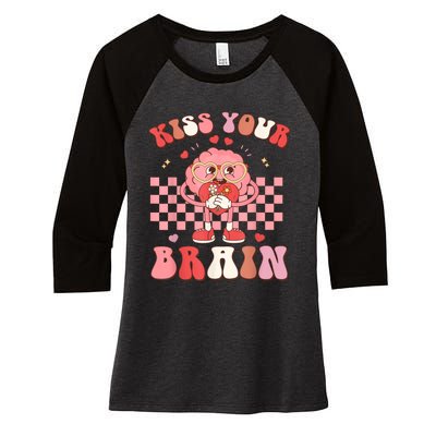 Kiss Your Brain Retro Valentines Day Valentine Teacher Squad Women's Tri-Blend 3/4-Sleeve Raglan Shirt