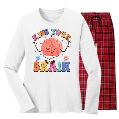 Kiss Your Brain Cute Teacher Appreciation Back To School Women's Long Sleeve Flannel Pajama Set 