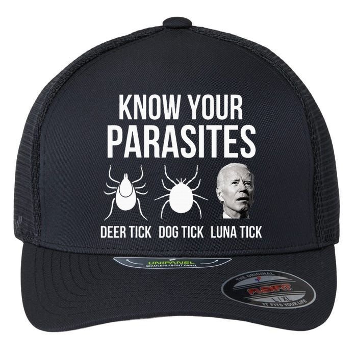 Know Your Parasites Anti Joe Biden Sucks Flexfit Unipanel Trucker Cap