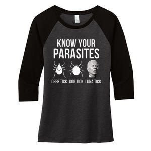 Know Your Parasites Anti Joe Biden Sucks Women's Tri-Blend 3/4-Sleeve Raglan Shirt