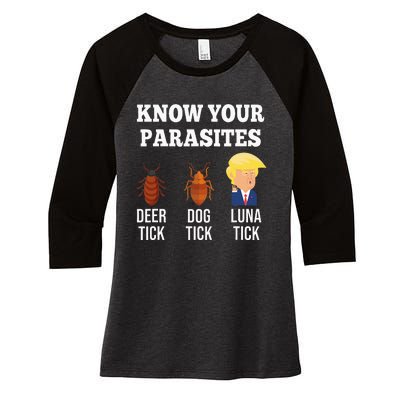 Know Your Parasites Antitrump Funny Luna Tick Resist Women's Tri-Blend 3/4-Sleeve Raglan Shirt