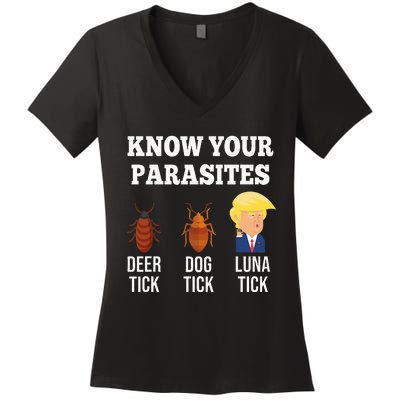 Know Your Parasites Antitrump Funny Luna Tick Resist Women's V-Neck T-Shirt