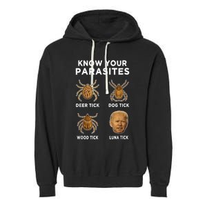 Know Your Parasites Anti Joe Biden Funny (Front) Garment-Dyed Fleece Hoodie