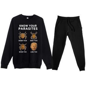 Know Your Parasites Anti Joe Biden Funny (Front) Premium Crewneck Sweatsuit Set