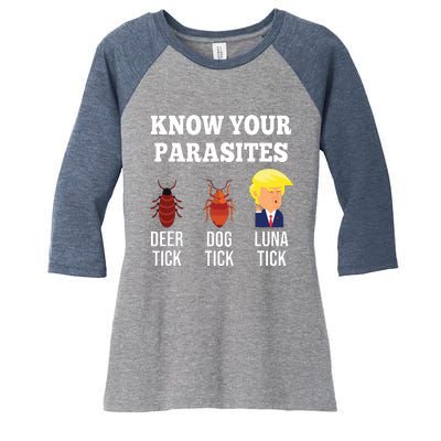 Know Your Parasites Antitrump Funny Luna Tick Resist Women's Tri-Blend 3/4-Sleeve Raglan Shirt